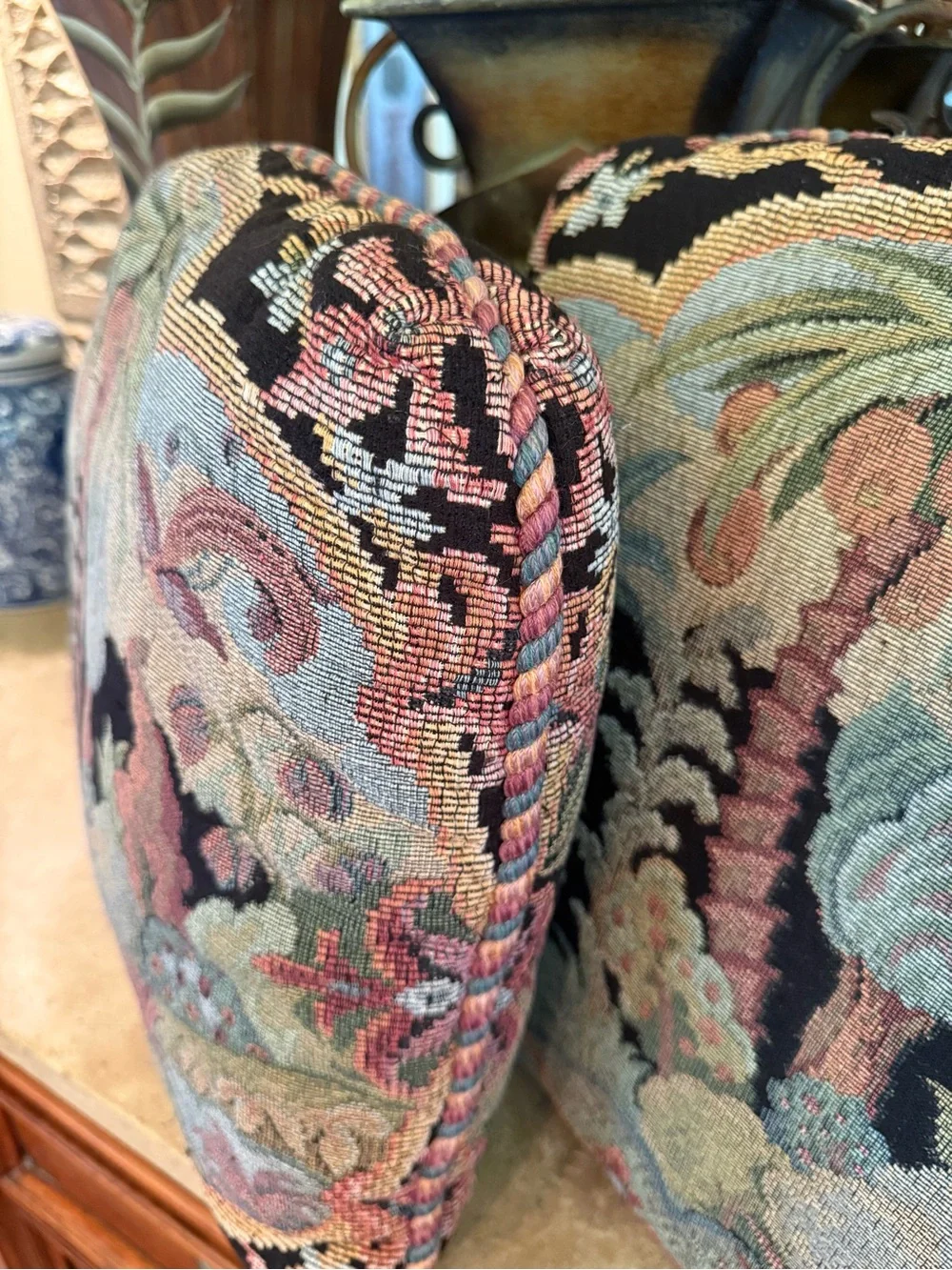 Vintage Aubusson Tapestry Needlepoint Palm Tree Pillows 18x18 - Pair